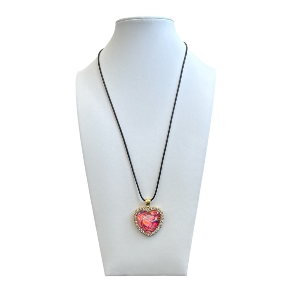 Hand Crafted Fluid Art Necklace Pink Swirl Heart Pendant by Svetlana Yeung - Picture 3 of 8